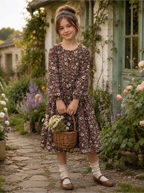 Rylee + Cru Brown Floral Holiday Bloom Gillian Tiered Dress 10-12Y Boho Cottage